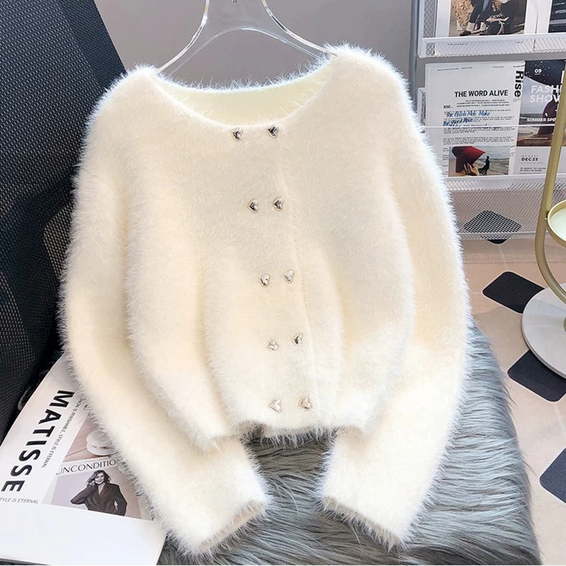 

Korean Fashion Women's Imitation Mink Fleece Cardigan Sweater Short Round Neck Long Sleeve Elegance Tops 2023 Autumn Winter