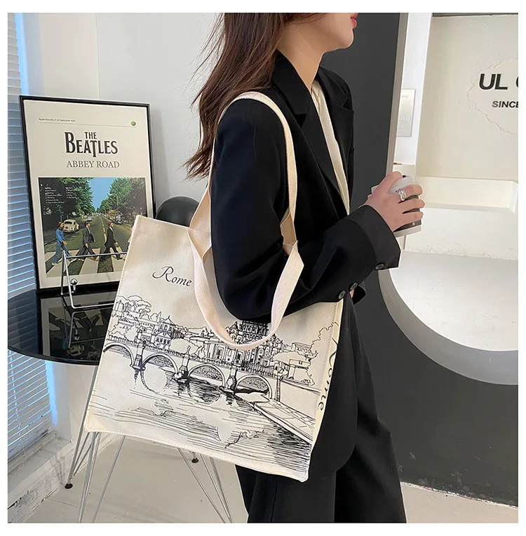 Women Canvas Shoulder Bag Rome Italy Print Shopping Bags Students Books Bags Female Cloth Handbags Thick Cotton Tote For Shopper