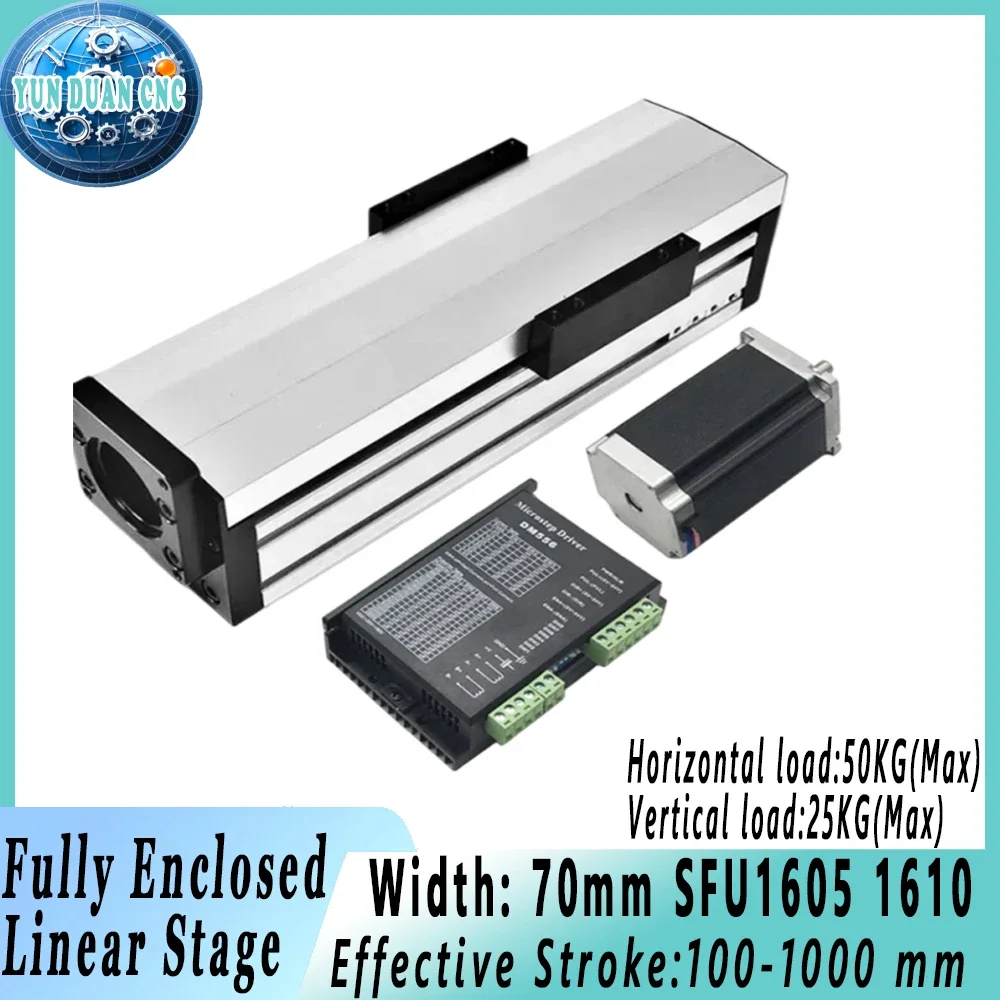 Enclosed สไลด์ Linear Rail ท่องเที่ยว 70 มม.กว้าง 100-1000 มม.Linear STAGE SFU1605 1610 พร้อม NEMA 23 Stepper Motor 1