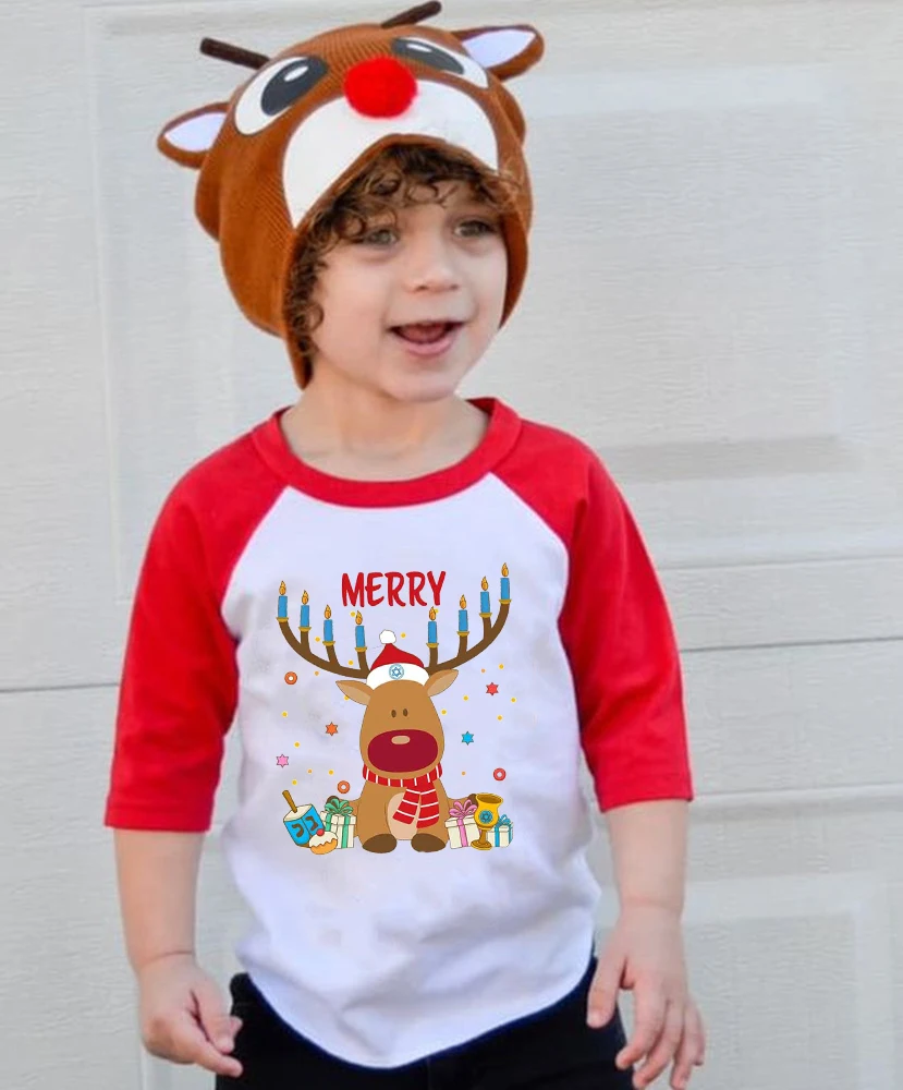 

Merry Christmas Deer Print T-shirt Child Raglan Clothes Xmas Party Kids Present Sibling Tees Boys Girls Clothes Long Sleeve Tops