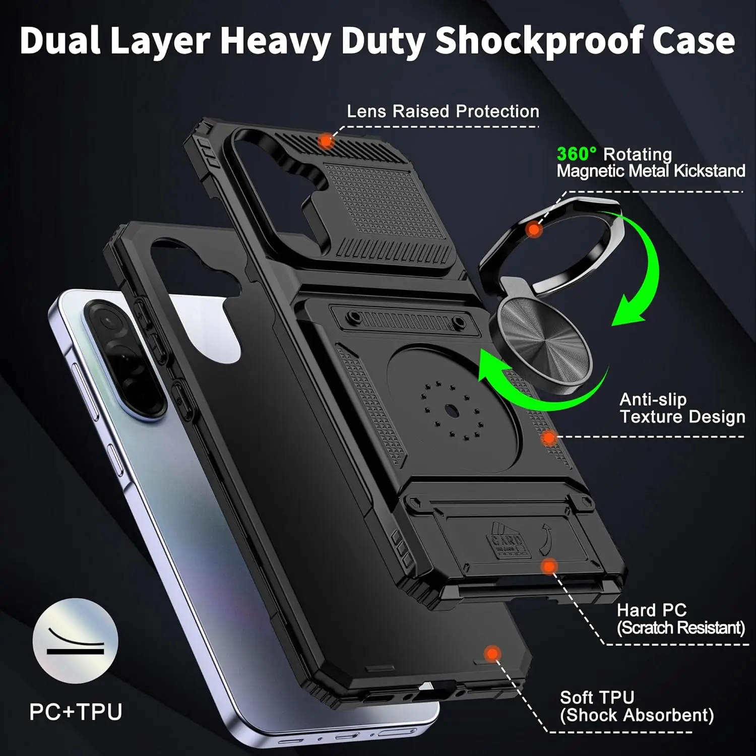 Heavy Shockproof Wallet Phone Case with Rotating Ring Kickstand and Card Holder