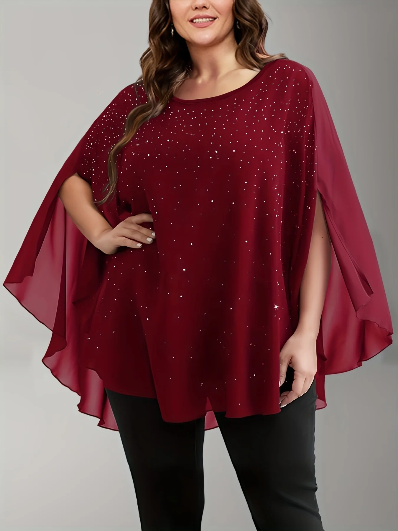 Image of Plus size Elegant Chiffon Sequined Slit Sleeve Blouse