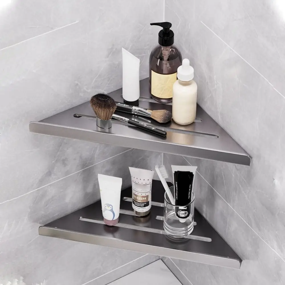 Non Perforated Bathroom Corner Shelf Carbon Steel Wall Mounted Tripod Basket No Drill Space WC Bath Shampoo Wall Shelf 2