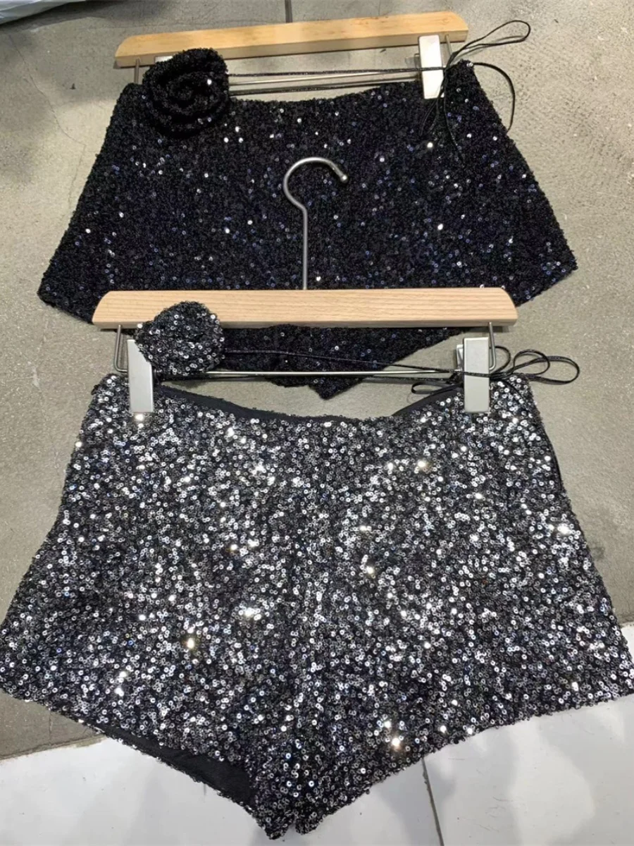 2024 Spring And Summer Sequined Shiny Heavy-Duty Zipper Nightclub Socialite Shorts Trendy Sexy Versatile Black Booty Pants Women