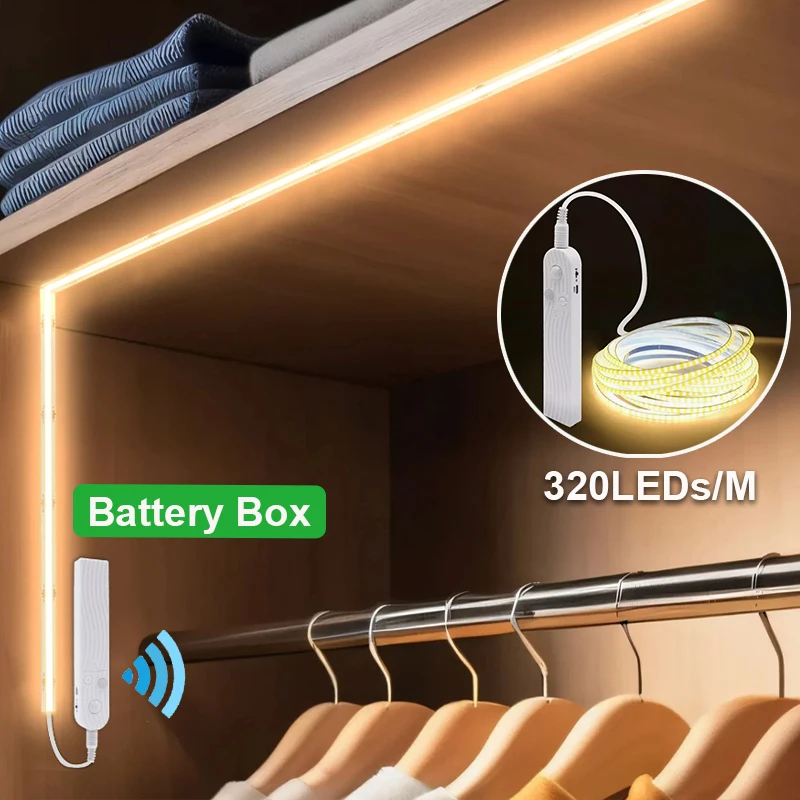 COB LED 스트립 조명 5V 320LED/m PIR 모션 센서 유연한 자체 접착 테이프 배터리 캐비닛 주방 조명에 전원 공급