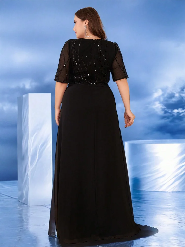 Plus Size Elegant Short Sleeves Sequin Formal Evening Dress Women Chiffon Black Mermaid Bridesmaid Party Maxi Prom