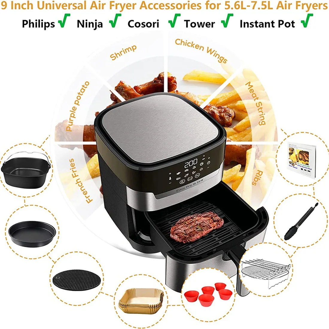 Air Fryer Accessories Square Air Fryer Accessories 9 Inch for Cosori Ninja Phillips Tower Pot Tefal Etc 5.6-7.5L Deep Basket Airfryer
