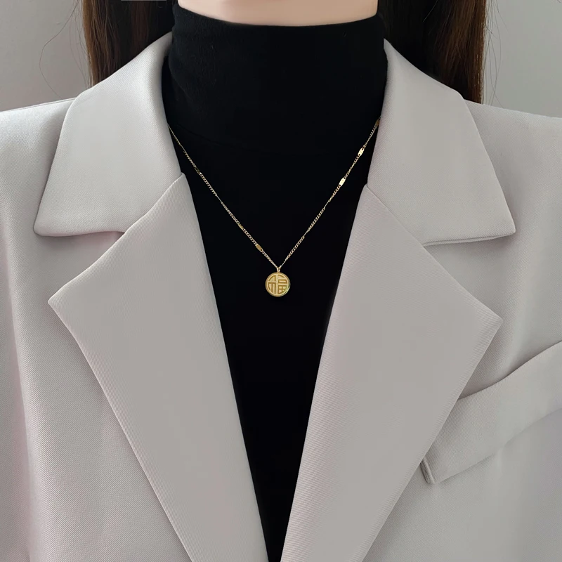 Titanium Steel Fuzi Pendant Necklace 2022 New Women's Sweater Chain Autumn and Winter Small People Light Luxury Colorless