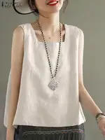 ZANZEA Summer Tanks Tops Women Square Neck Sleeveless Blouse Elegant Cotton Shirt Casual Solid Holiday Beach Blusas Female Tunic - Image 2