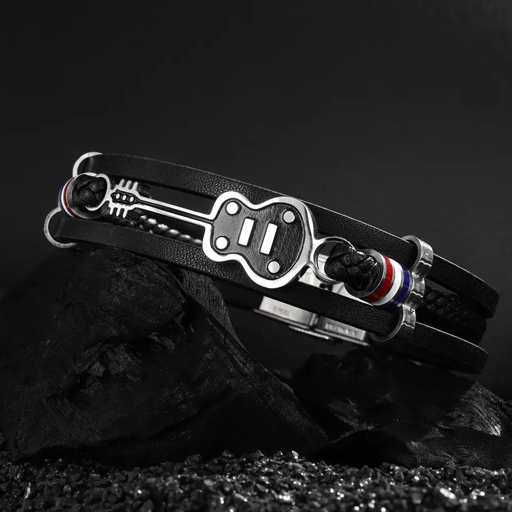 Music Lovers Guitar-shaped Bracelet Men's Punk Woven Leather Bracelet Popular Personality Holiday Gift Party Acces