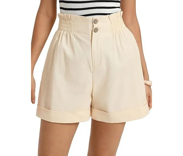 Women's Solid Color Elastic Waist Straight Leg Capri Shorts with Button Zipper Pockets for Travel Camping Streetwear Everyday