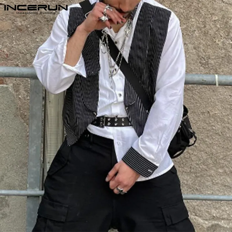 

INCERUN Tops 2023 American Style Fashion Mens Fake Two-piece Striped Patchwork Shirts Personality Male Long Sleeved Blouse S-5XL
