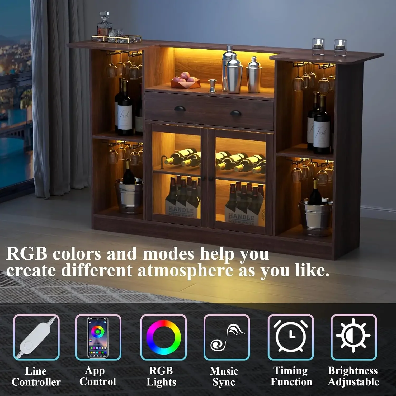 Mini Liquor Bar Cabinet, with LED & Drawer,Wine Alcohol Bar Stand with Glass, 8-Tier Storage & Stemware Holder
