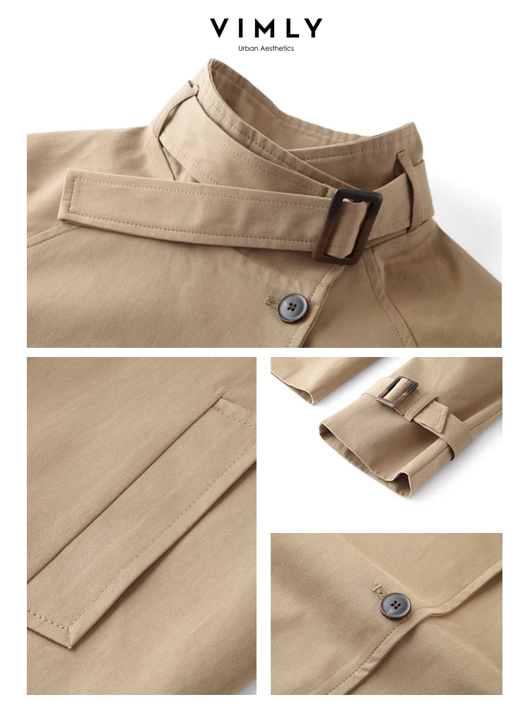 Vimly Khaki Cotton 100% Cropped Trench Coat New Single Breasted Loose Jacket for Women Spring Windbreaker Outerwear M5165