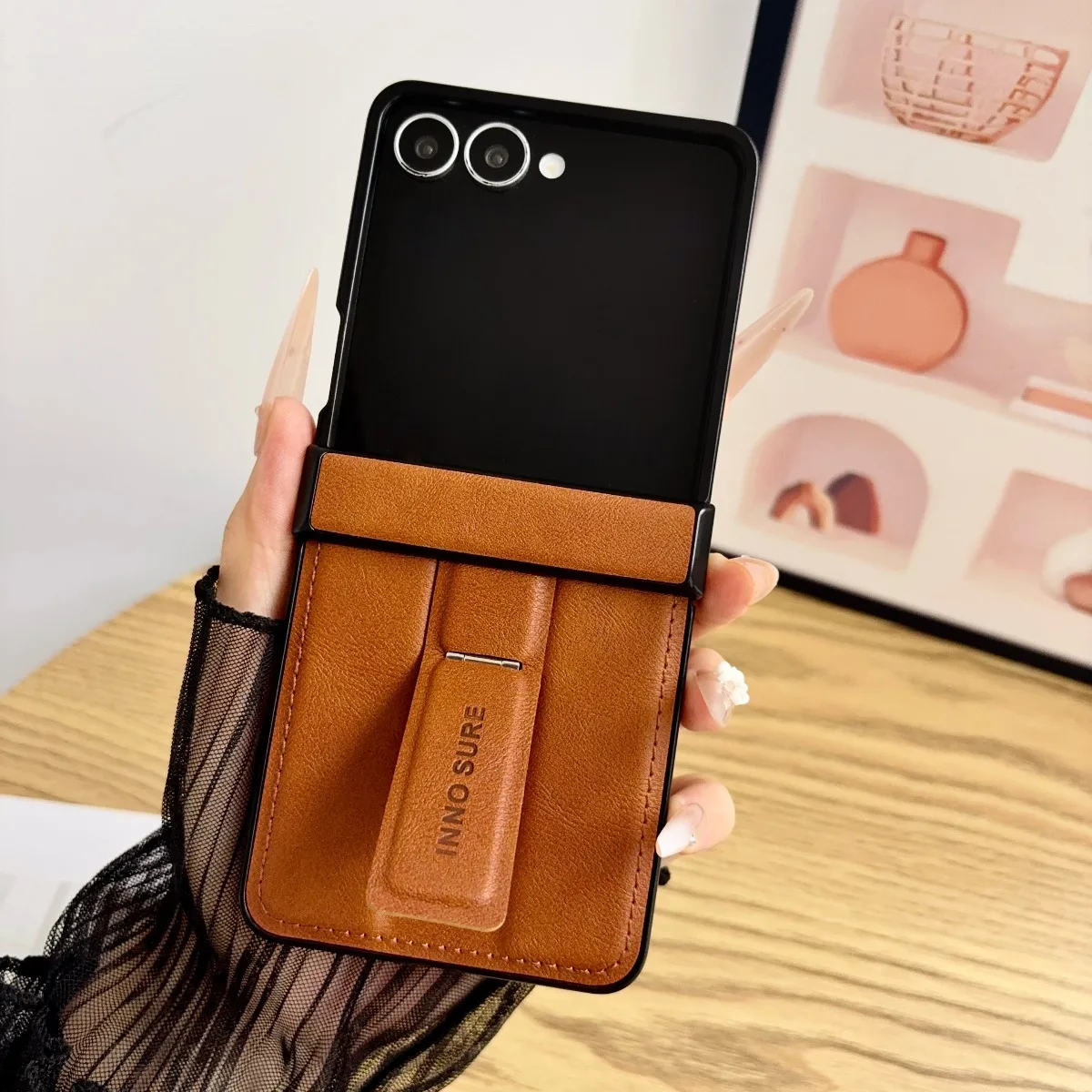 Luxury Calfskin Leather Shockproof Flip Case with Invisible Bracket and Hinge Protection