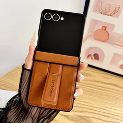 Luxury Calfskin Leather Shockproof Flip Case with Invisible Bracket and Hinge Protection - Galaxy Z Flip5 (Brown)