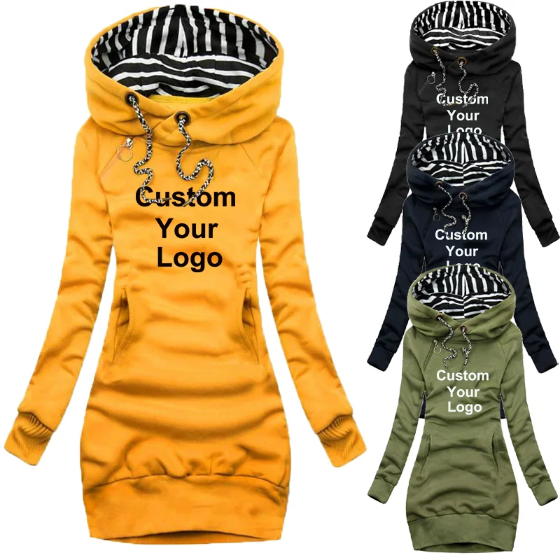 

New Women's Hooded Long Sleeved Dresses Custom Your Logo Print Long Sleeve Hoodie Casual Skirt Hooded Pullover Pocket Sweater Dr
