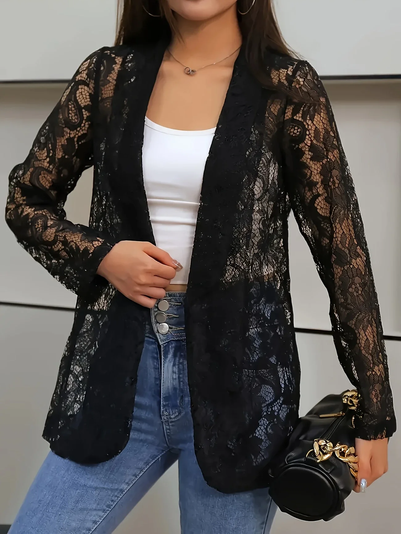 Plus size women's elegant lace cardigan long sleeved lightweight elastic polyester/spandex blend for spring and summer