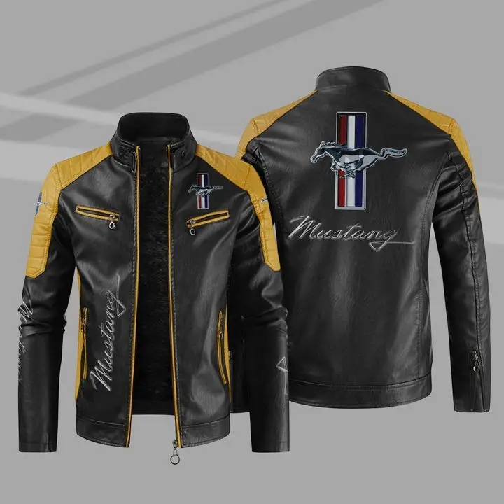 

2023 New Winter Men's Mustang Logo Jacket Fashion Motorcycle Zipper Jacket Outwear Keep Warm Thickened Leather Man Coat
