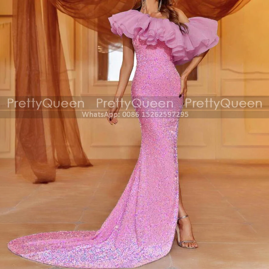 

Trumpet Pink Sequins Prom Dresses Ruffles Off Shoulder Mermaid Long Sweep Train Reception Dresses Party For Women