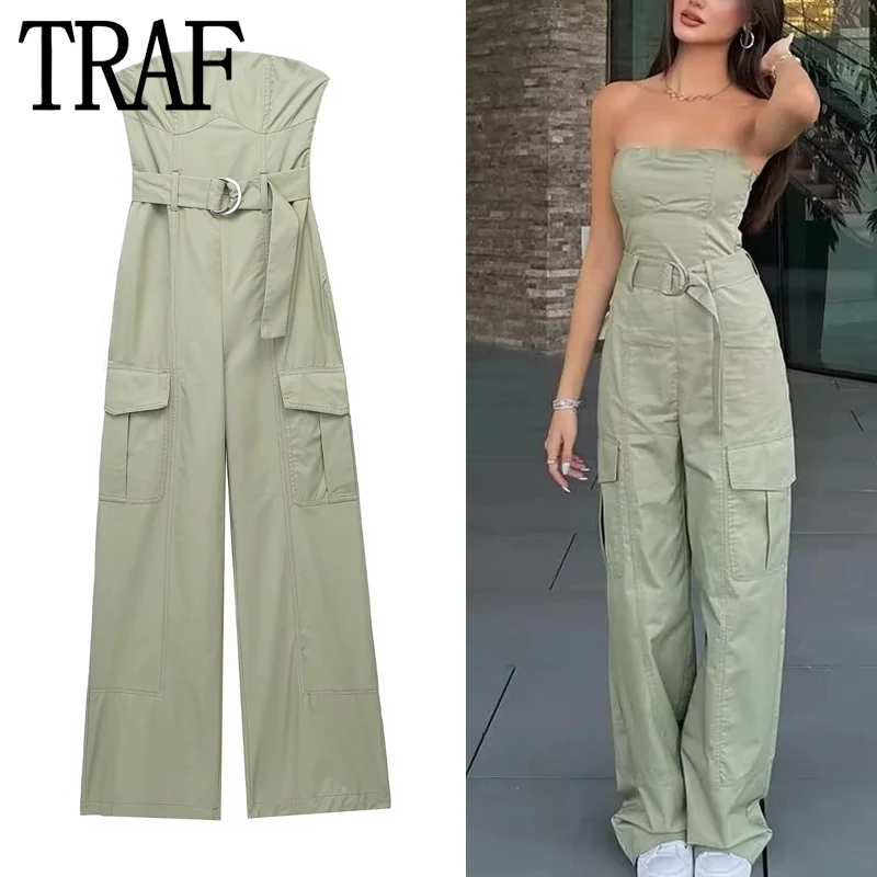 TRAFmonos largos con hombros descubiertos para mujer, mono Cargo de