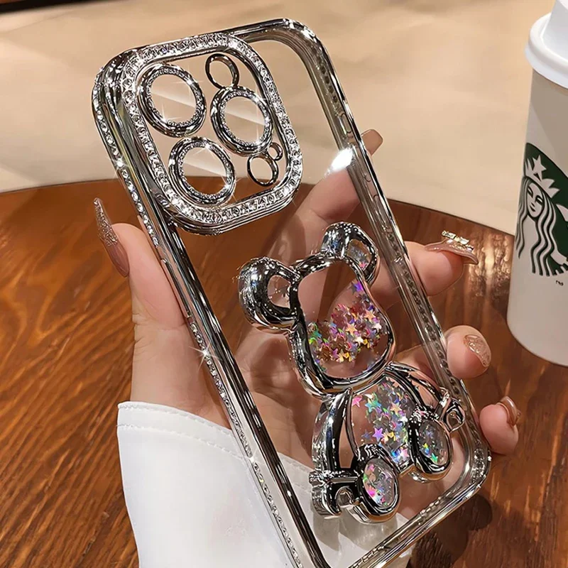 Glitter Quicksand Bear Diamond Case for iPhone 15 14 13 16 17 Pro Max 17 Air Plus 11 12 Gradient Rhinestone Plating Soft Cover