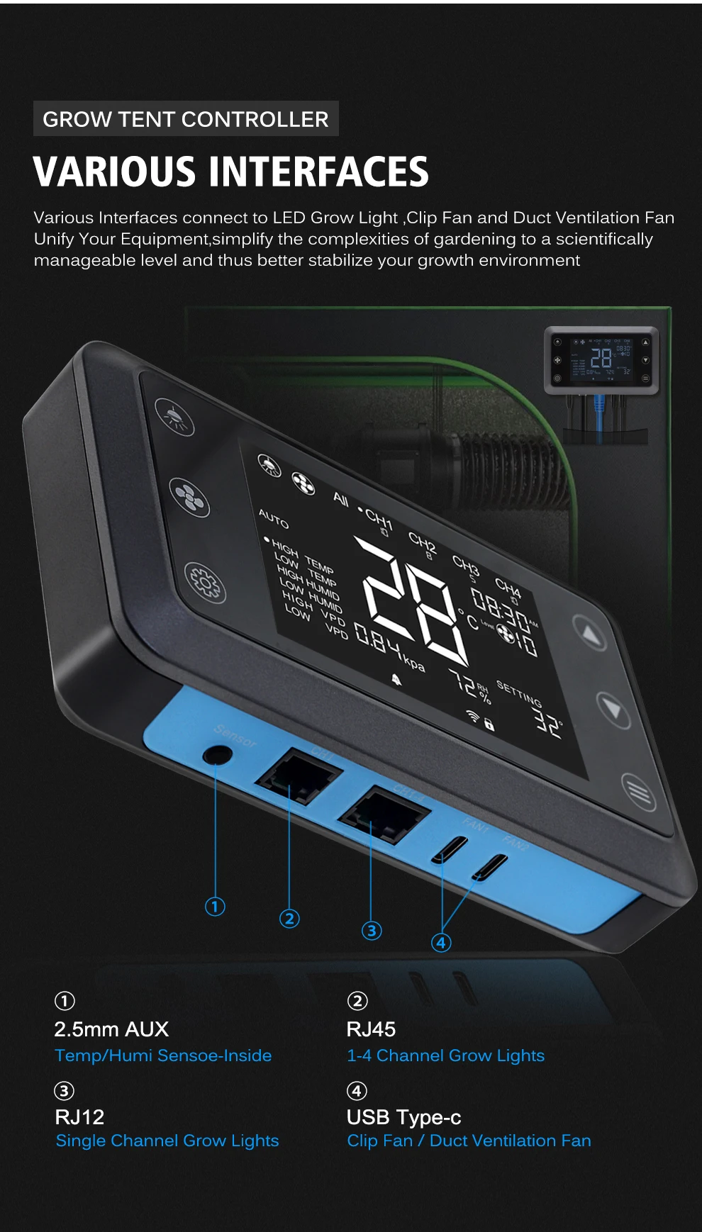 Intelligenter Grow-Tent-Controller 2,5mm zu RJ45 RJ12 DC12V Typ-C Verschiedene Schnittstellen mit intelligentem Multitasking-Farbdisplay – Detail 3