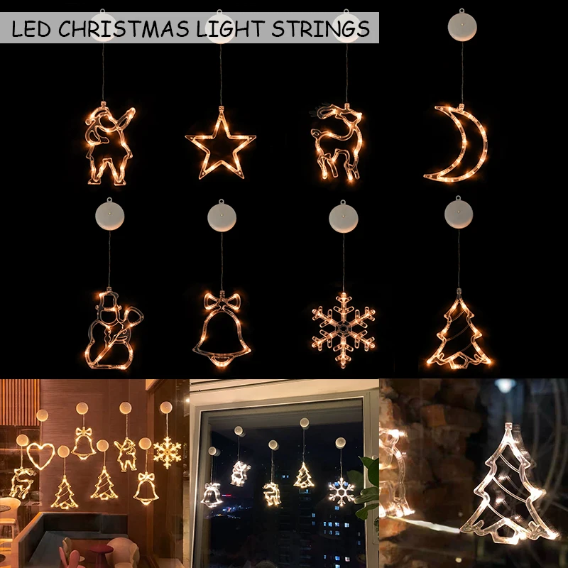 

1PC Christmas LED Suction Cup Lights Star Bell Christmas Tree Hanging String Light Display Window Lamp Home Decorations 2024