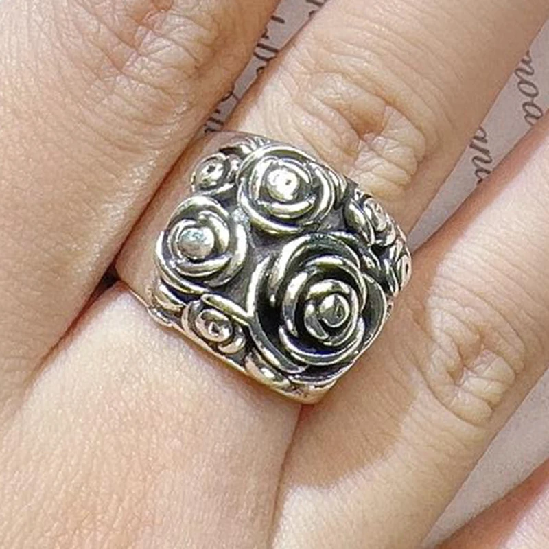 Finger ring Silver ring Vintage Rose Flower Rings for Women Ancient Silver Color Statement Ring Love Gift for Girls Jewelry