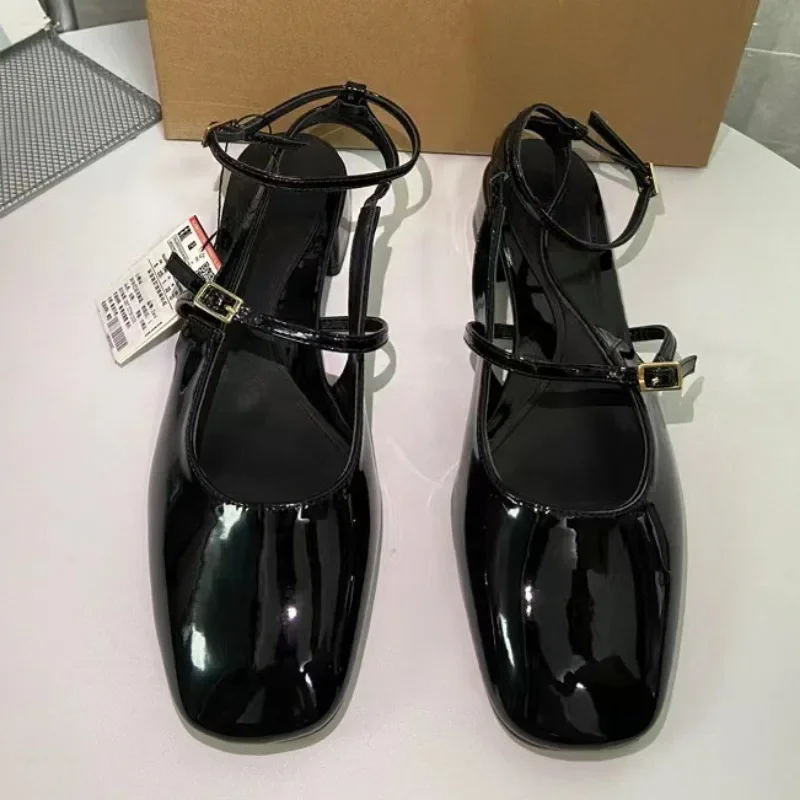 Women's Office Shoes Black Leather Square Toe Outdoor Casual Slingbacks Ankle Strap Summer Heeled Sandals