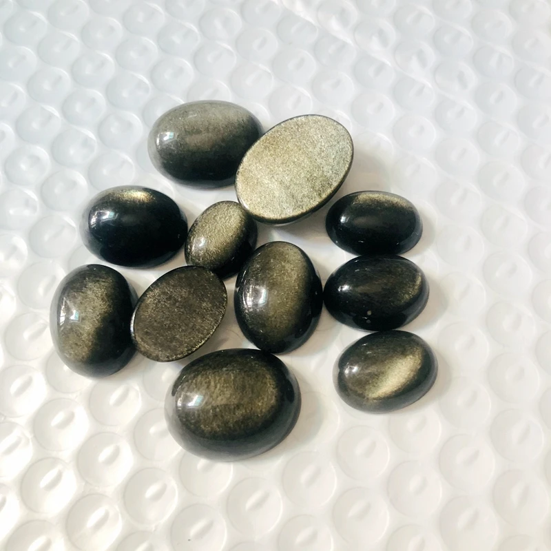 PANGEM-Promotion!5Pcs/Pack Mixed Free Size Natural Golden Obsidian Beads Cabochons,Cat's Eye Gemstone Cabochon Ring Face,15-26mm