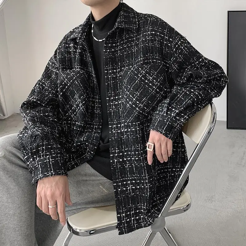 Male Ruffian Handsome Chic Korean Style Bright Stripes Black White Single Breasted Coats Loose Turn-down Collar Large Pockets male cardigan stylish men s knitted cardigans with pockets for spring autumn casual wear men knitting cardigan