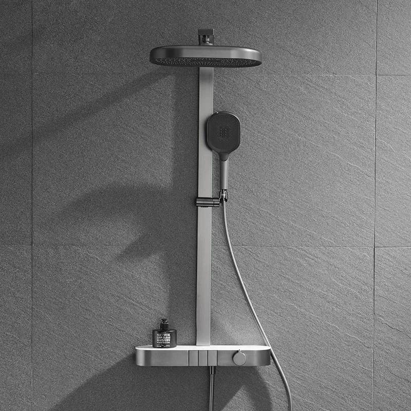 Grey Shower System Set 3 Function Piano Button Bathroom Brass Faucet Digital LED Shower Cold and Hot Water Set