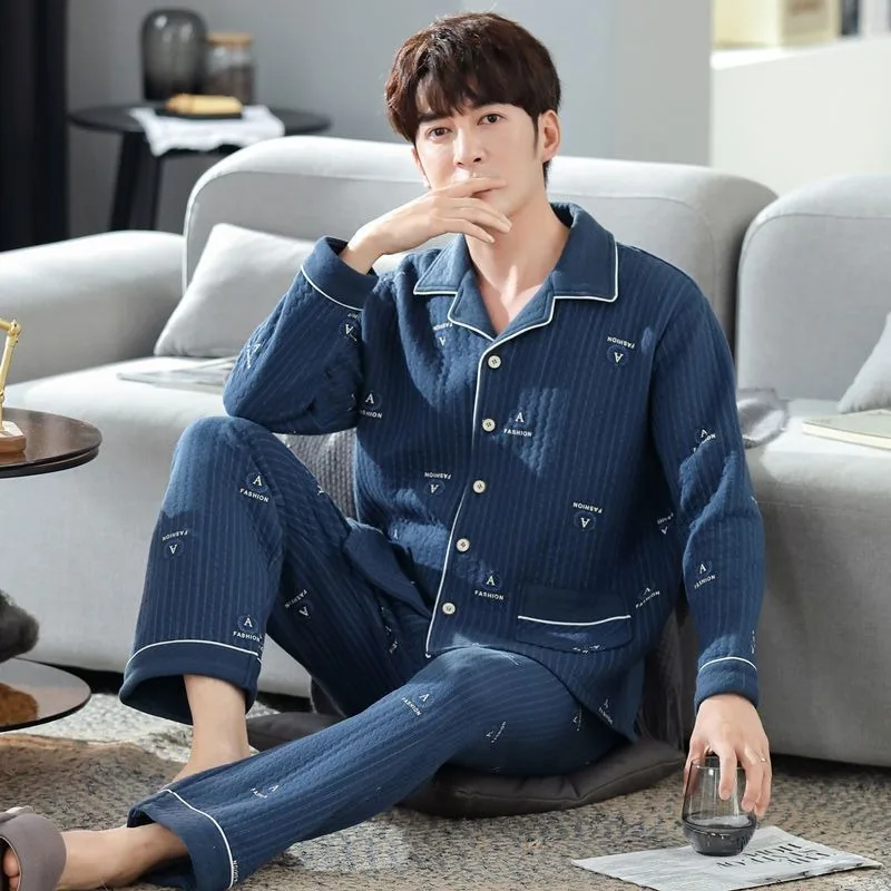 2024 New Pajamas Men's Spring Autumn Thickened Cotton Sleepwear Winter Thin Padded Air Cotton Sandwich Homewear Men's Loungewear