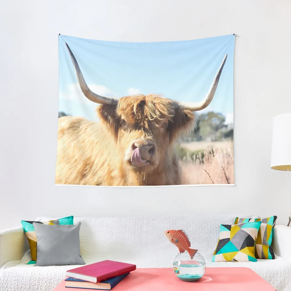 

Tongue out Highland cow Tapestry Cute Decor Funny Tapestry