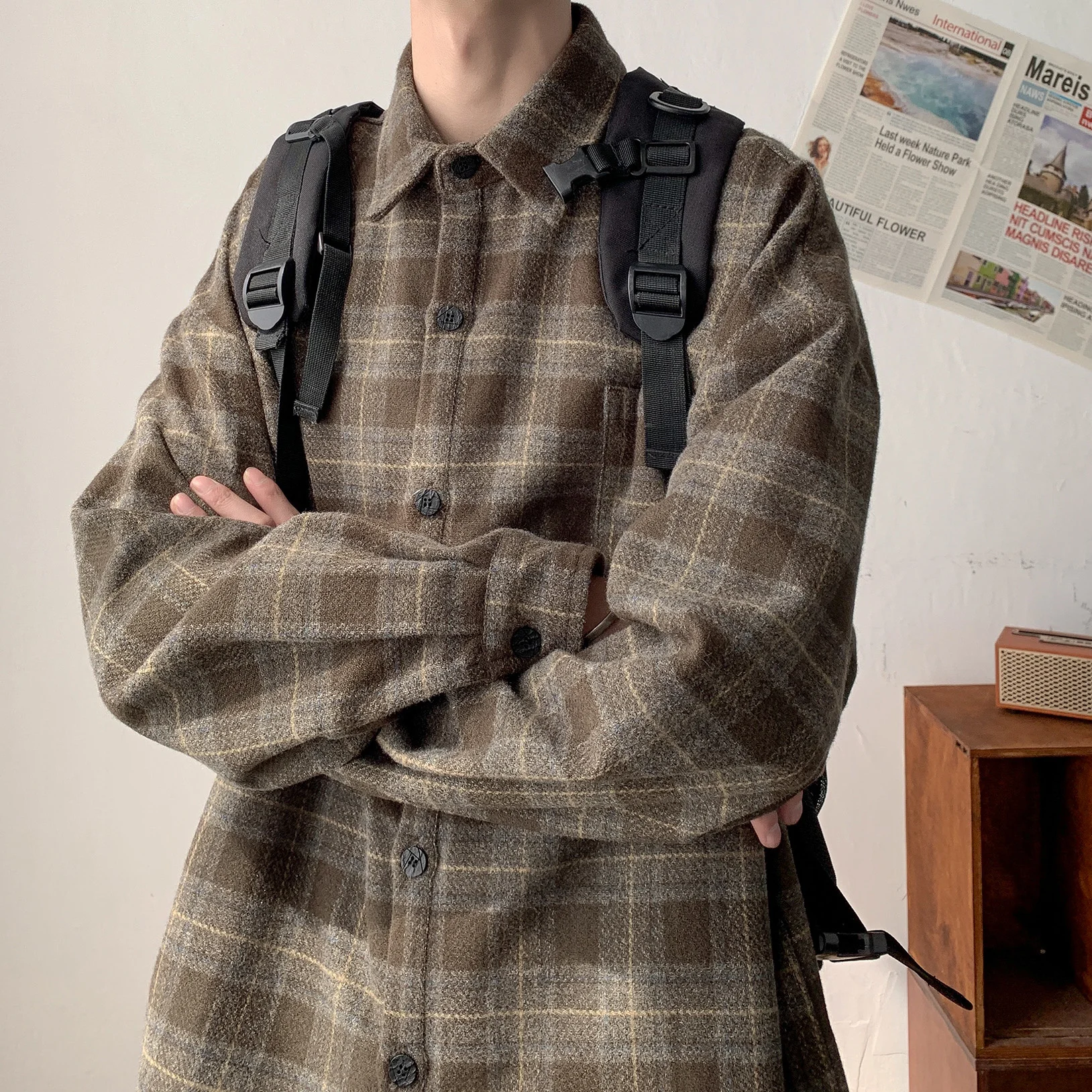 

2022 Men's Hawaiian Cargo Long Sleeves Thicken Wool Shirts French Cuff Mens Fashion Trend Shirts Grey/brown Camisa Masculina