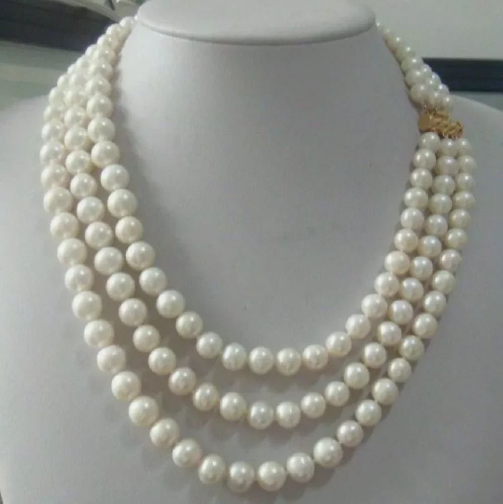 

3 Rows of Natural AAA 7-8/8-9/9-10mm South China Sea White Pearl Necklace 18inch 19inch 20inch "14K