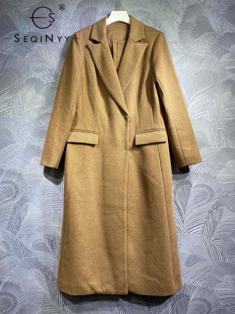 

SEQINYY Khaki Long Trench Coat Spring Autumn New Fashion Design Women Runway 70% Wool Pockets Loose Top Office Lady Elegant