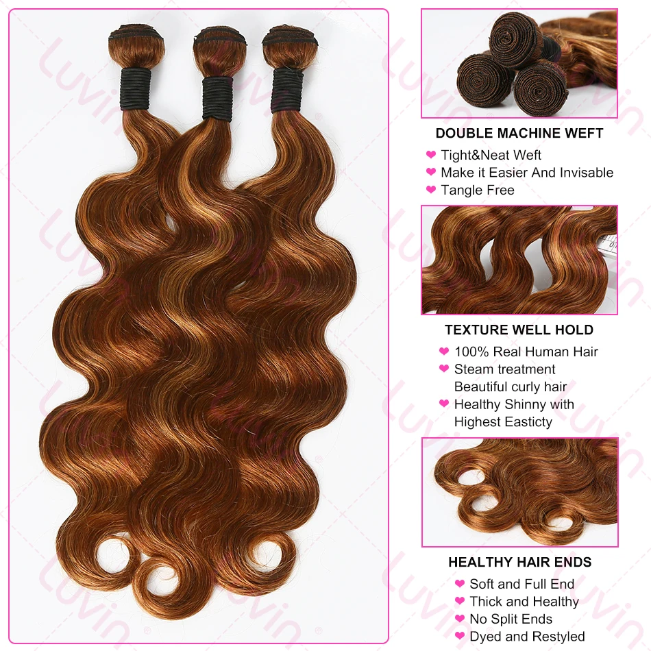 30 32 Inch Body Wave Highlight Raw Human Hair Bundles 4/27 Colored Brazilian Hair Extensions Quick Weaves Tissage