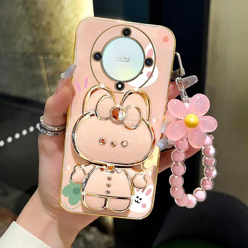 Elegant Floral Rabbit Mirror Phone Holder Case