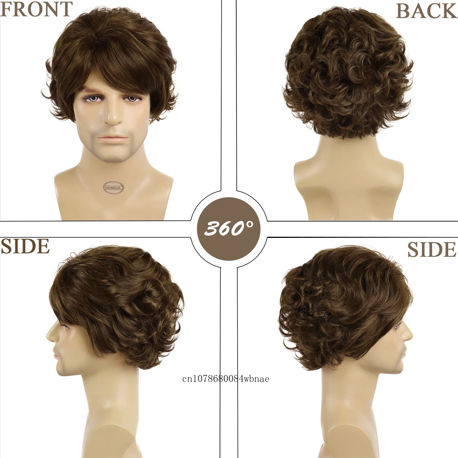 Short Brown Wigs Natural Synthetic Hair Fluffy Layered Curly Wig with Bangs for Men Male Halloween Cosplay Costume Daily Use