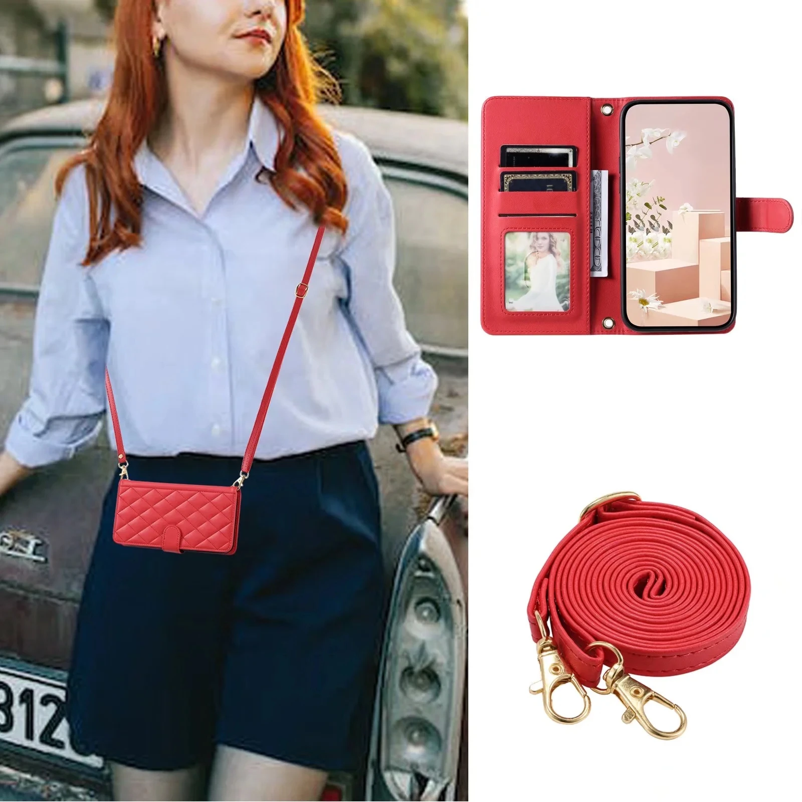 Premium Long Lanyard Flip Leather Wallet Phone Case with Card Holder and Cover