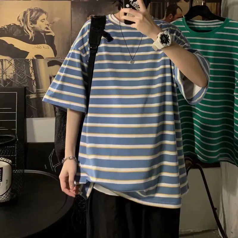

Fashion Printed Loose All-match Striped Tee Shirt Men's Clothing 2023 Summer New Oversized Casual Pullovers Half Sleeve T-Shirt
