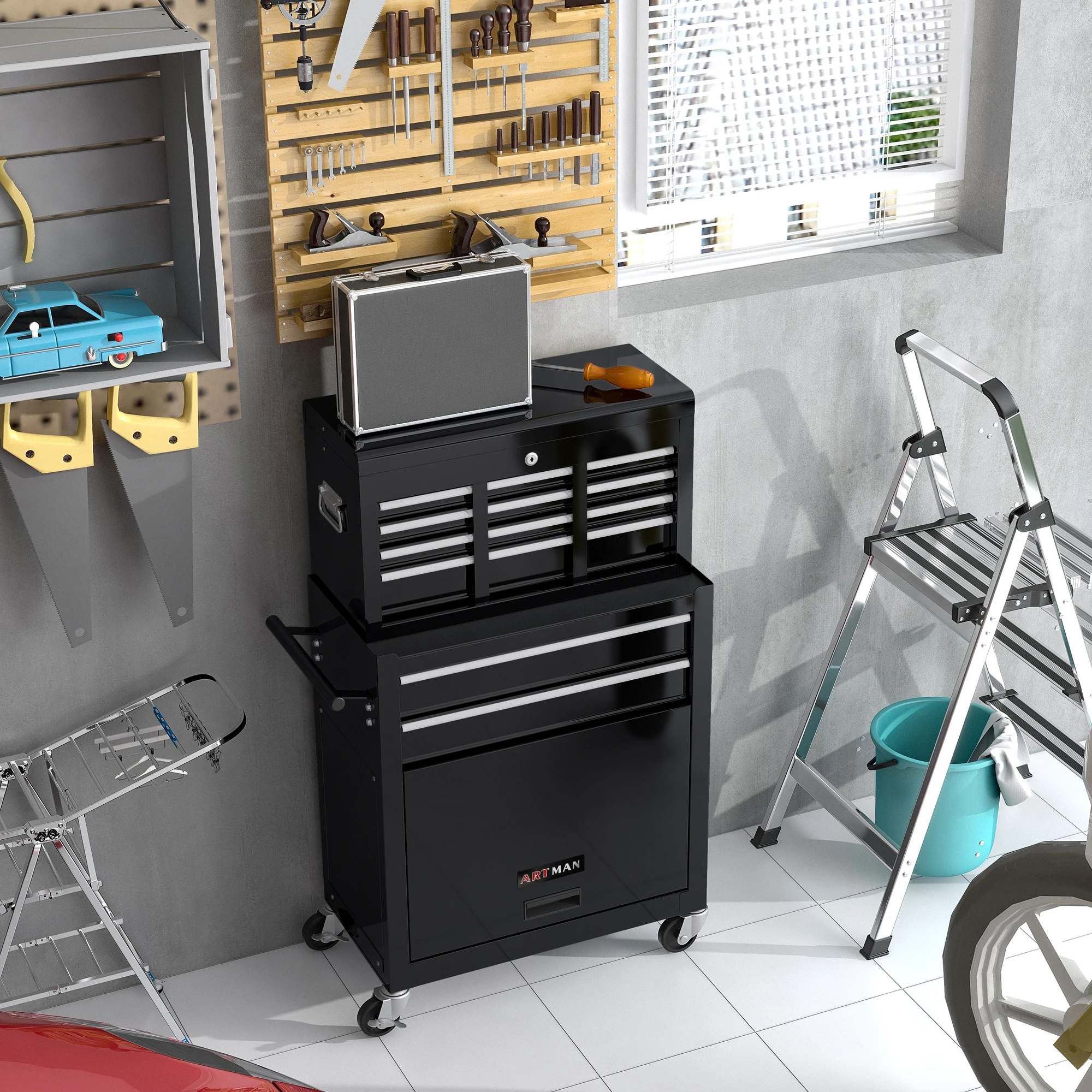 Rolling Tool Chest With 4 Steering Wheels Drawers 8-Drawer Tool Storage Cabinet Workshop Organizer Box For Tools