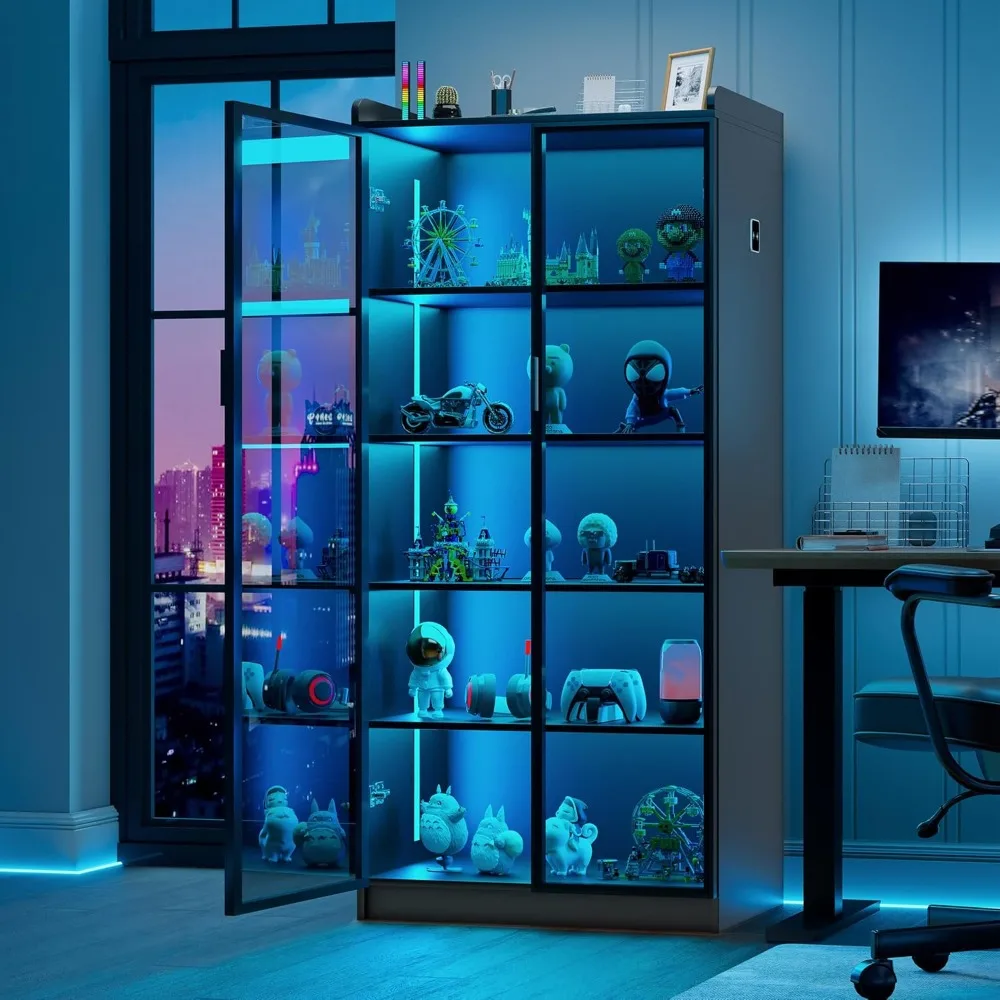 5 Tier Bookcase Display Cabinet, LED Living Room Curio Cabinet with Human Body Induction, 65” Tall China Cabinets