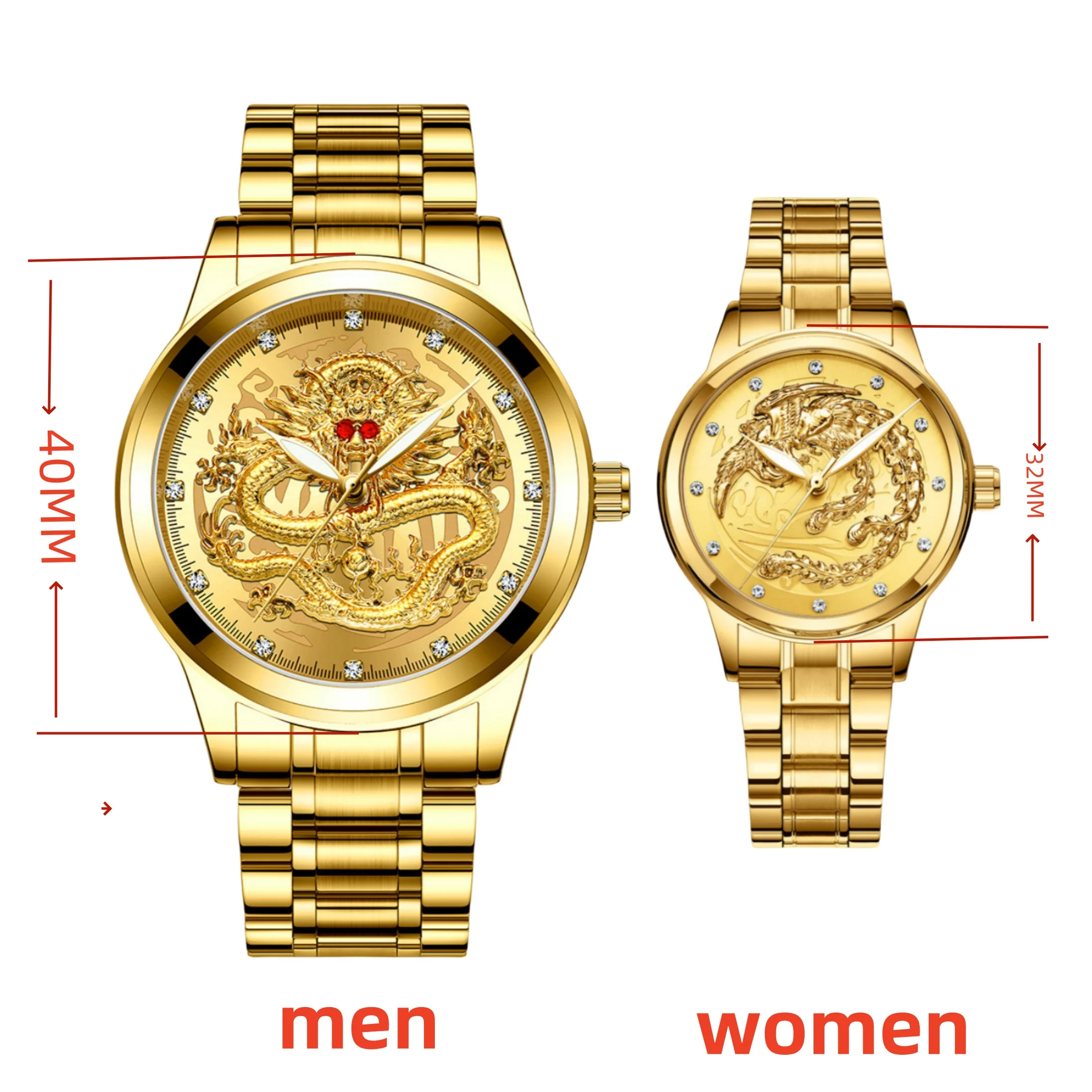 2pcs/set Couple Luxury Full Gold Clock Big Dial Dragon Phoenix Waterproof Men Women Luminous Calendar Date Round Quartz Watches