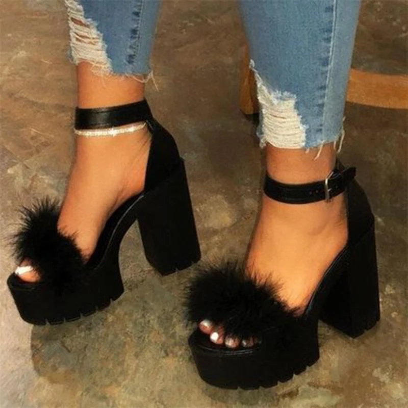 2022 Summer Woman Furry Sandals High Heels With Fur Female Platform Pumps  Ladies Buckle Ankle Strap Pumps Plus Size 35-43 - Women's Sandals -  AliExpress