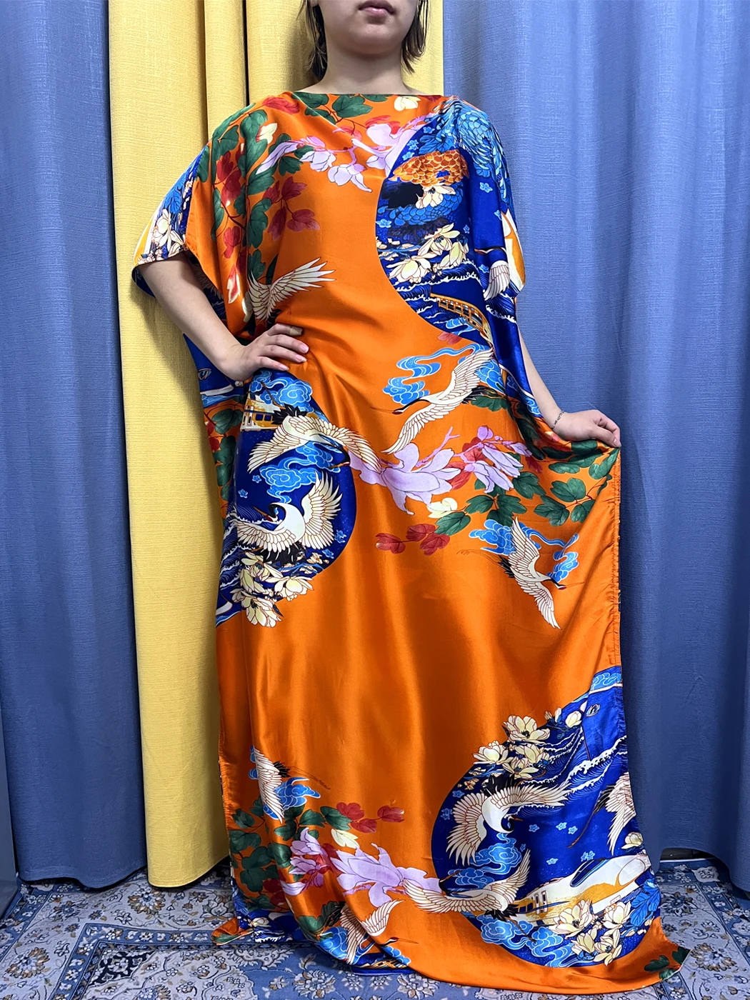 Abayas For Women 2023 Muslim Fashion Silk Print O-neck Short Sleeve Dresses Loose Femme Robe Nigeria Kanga Clothinng With Turban