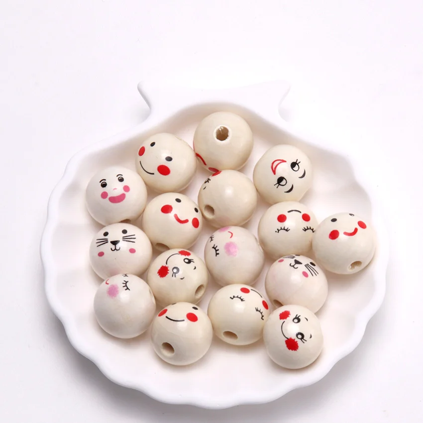 100pcs 20mm Natural Color Smiling Doll Round Ball Wooden Beads Loose Beads for Jewelry Making Handmade Diy Bracelet