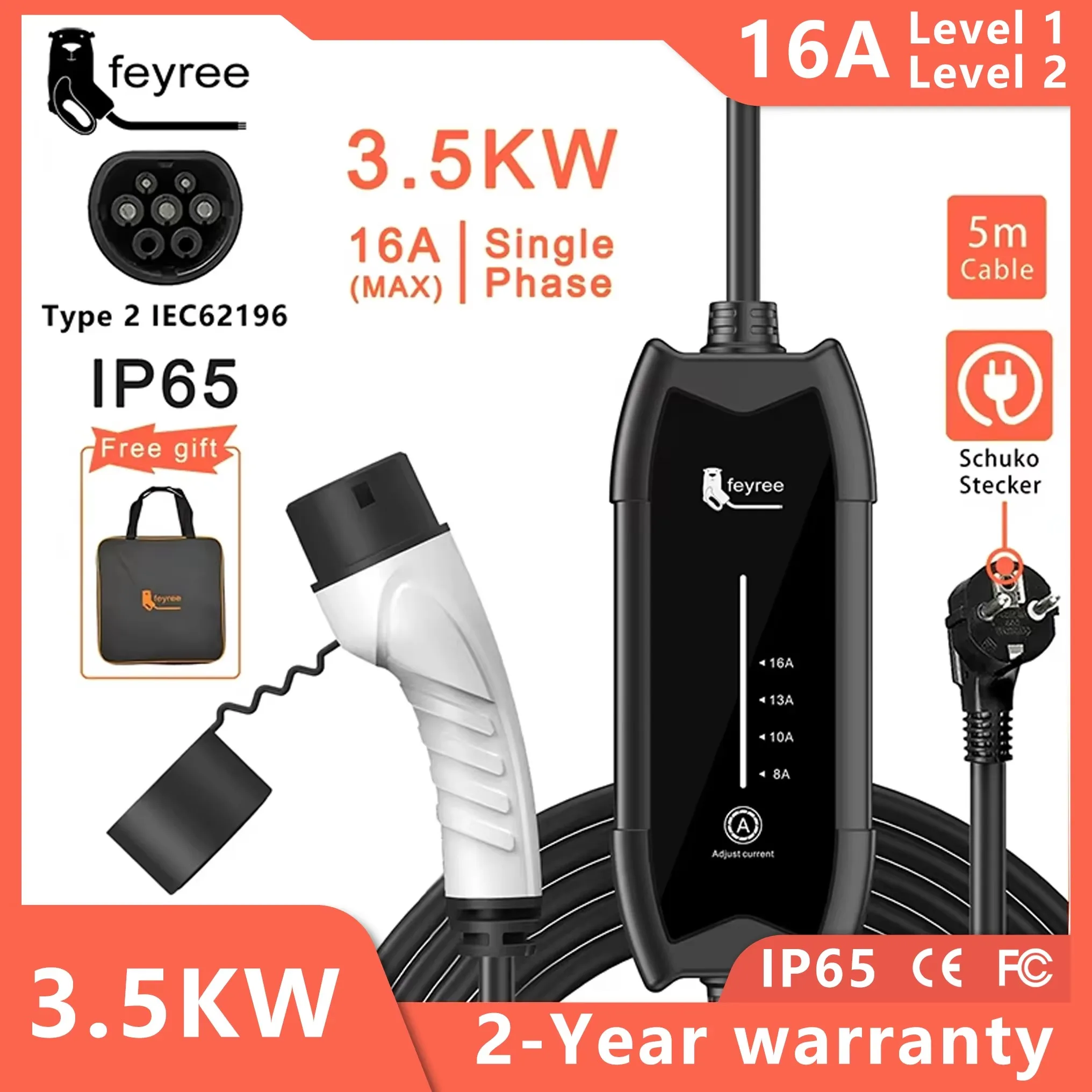 Feyree Type2 3.5KW 16A 1Phase EV Charger Portable Charging Box Current Adjustable 5m Cable Charging Station for Electric Vehicle